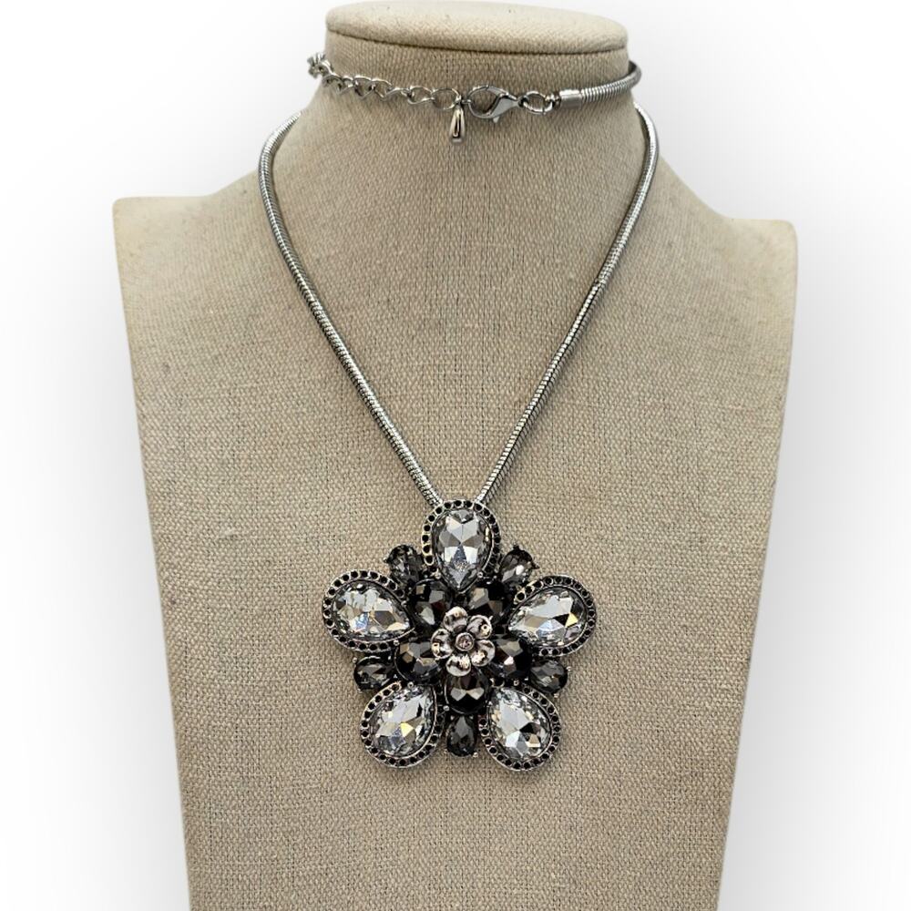 Black Crystal Floral Statement Pendant Necklace Silver Tone Vintage Dark Romance